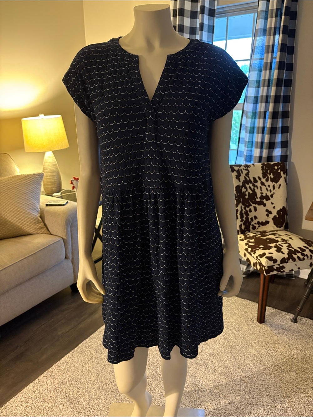 LOFT Navy Blue Scallop Print Short Sleeve Dress